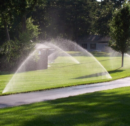 Sprinklers scattering water over a green lawn
